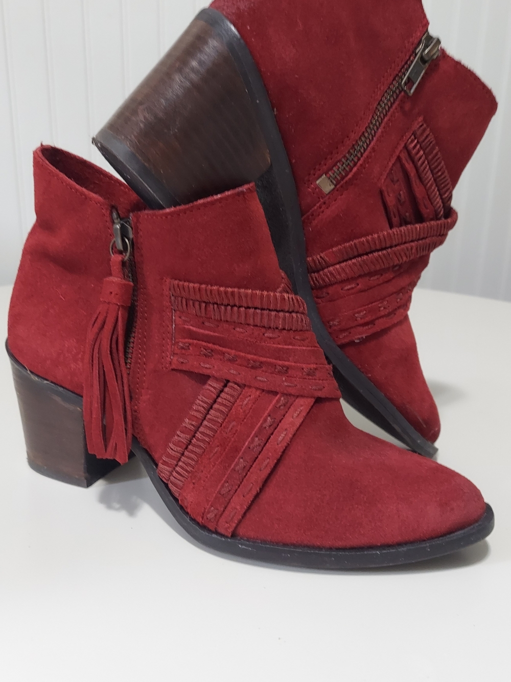 Naughty Monkey Red Suede Fringe Tassel Ankle Booties